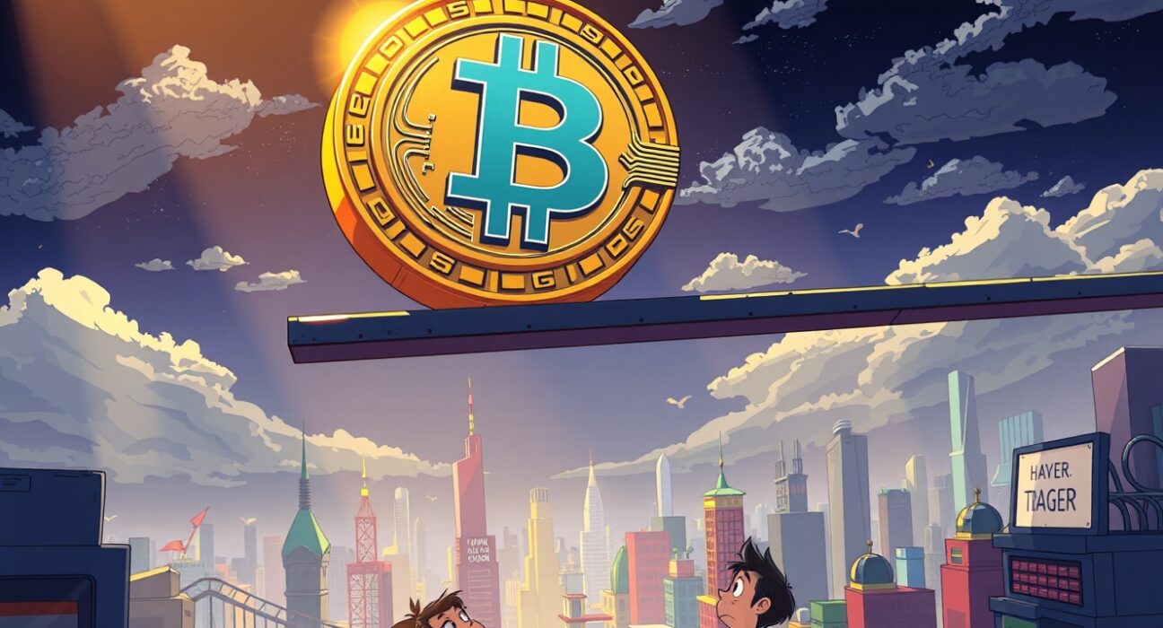 Bitcoin price bottom formation illustrated as coin balancing on narrow support above city