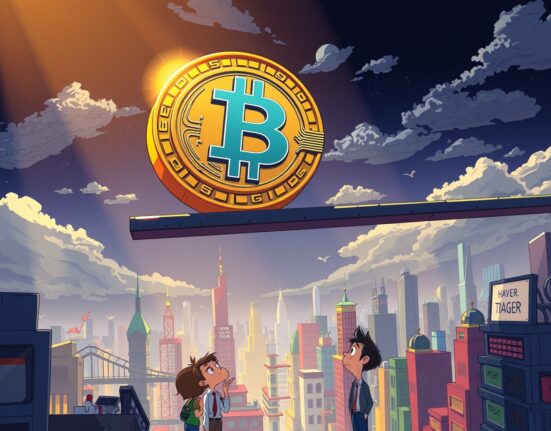 Bitcoin price bottom formation illustrated as coin balancing on narrow support above city