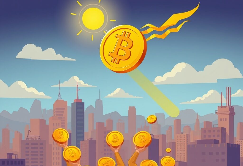 Cartoon showing a soaring Bitcoin, symbolizing the incredible rise in Bitcoin price and market optimism.