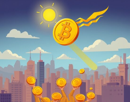 Cartoon showing a soaring Bitcoin, symbolizing the incredible rise in Bitcoin price and market optimism.