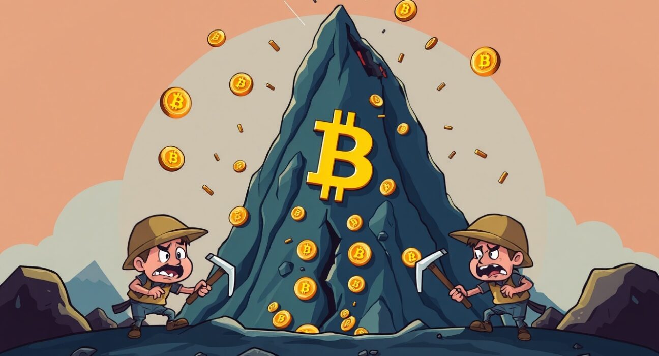 Bitcoin price collapse warning shown through cartoon miners struggling with unprofitable mining operations