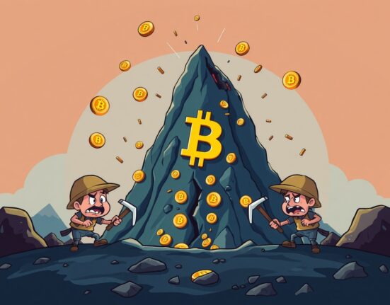 Bitcoin price collapse warning shown through cartoon miners struggling with unprofitable mining operations