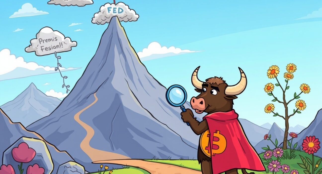 A determined cartoon bull analyzing Bitcoin price chart at a market crossroads with key factors illustrated.