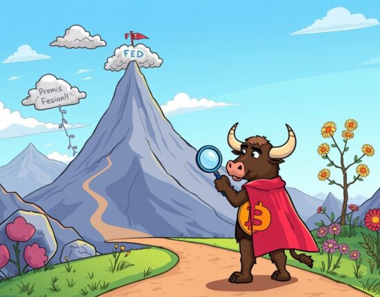 A determined cartoon bull analyzing Bitcoin price chart at a market crossroads with key factors illustrated.