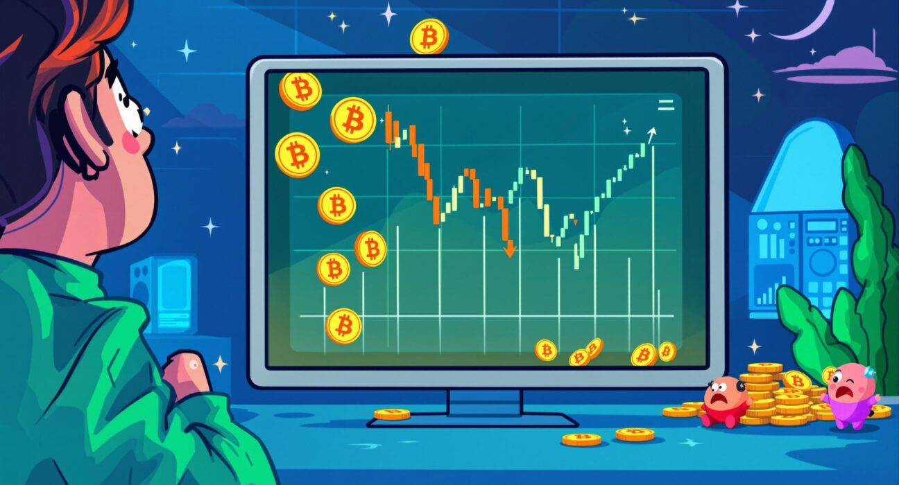 Illustration of a downward trending Bitcoin price chart, symbolizing the recent dip and market volatility.