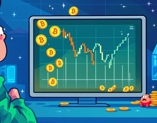 Illustration of a downward trending Bitcoin price chart, symbolizing the recent dip and market volatility.