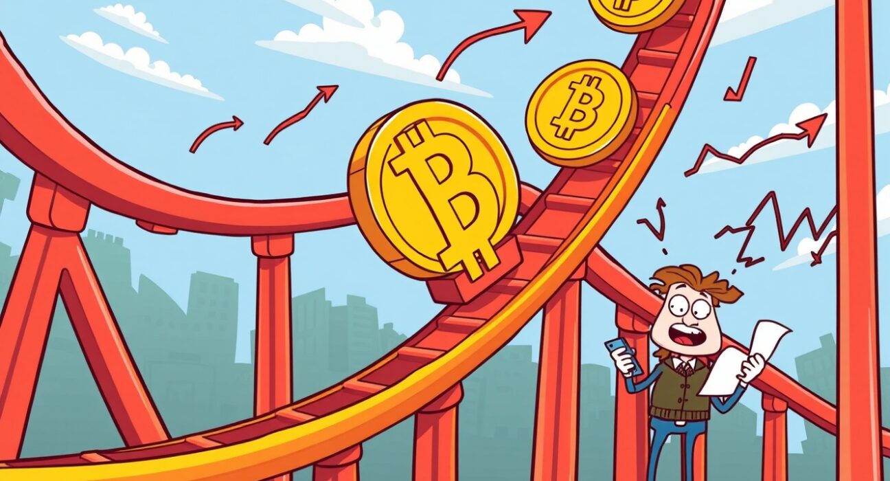 Bitcoin price decline illustrated as rollercoaster with market charts and falling trends