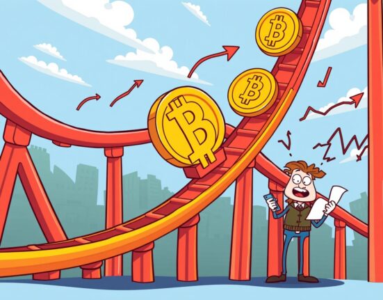 Bitcoin price decline illustrated as rollercoaster with market charts and falling trends