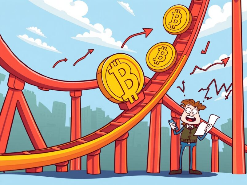 Bitcoin price decline illustrated as rollercoaster with market charts and falling trends