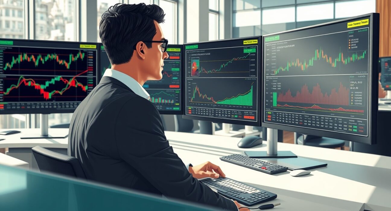 Financial analyst monitoring Bitcoin derivatives and institutional investment data on trading desk monitors