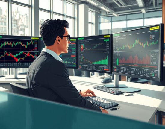 Financial analyst monitoring Bitcoin derivatives and institutional investment data on trading desk monitors