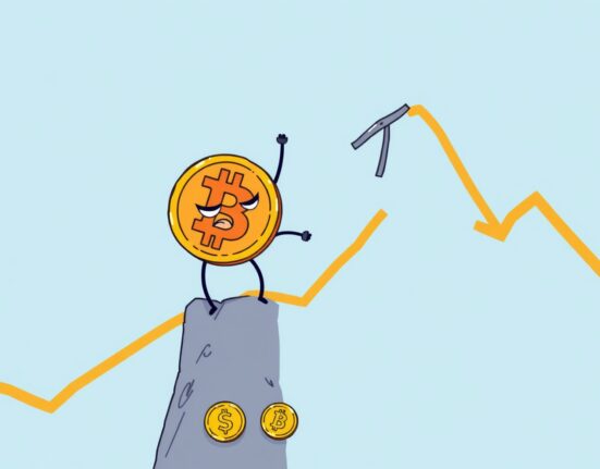 An illustration showing Bitcoin falls below $103,000, depicting market concern over the cryptocurrency's price drop.
