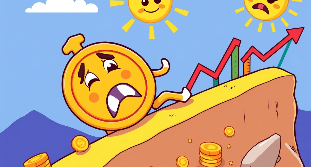 Bitcoin price drop illustrated as cartoon coin sliding down market slope
