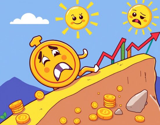 Bitcoin price drop illustrated as cartoon coin sliding down market slope