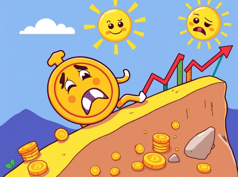 Bitcoin price drop illustrated as cartoon coin sliding down market slope