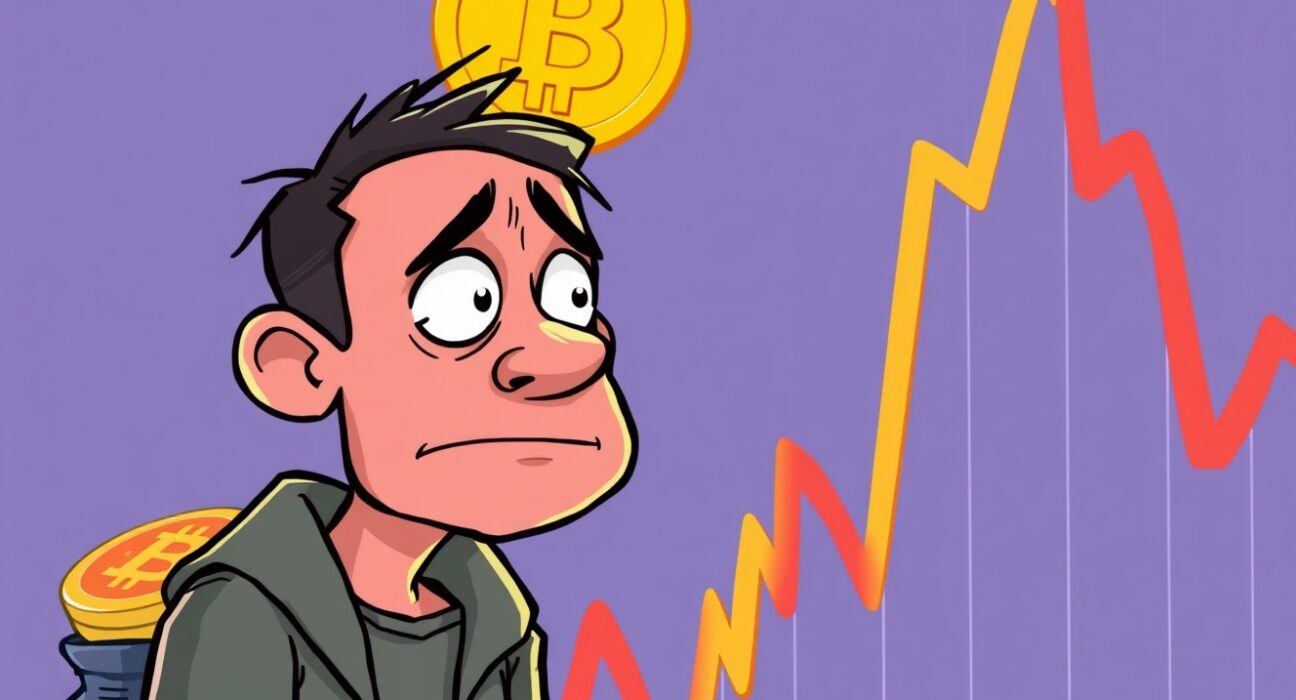 A worried cartoon character observes a volatile chart, symbolizing the critical downside risk for Bitcoin price.