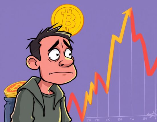 A worried cartoon character observes a volatile chart, symbolizing the critical downside risk for Bitcoin price.