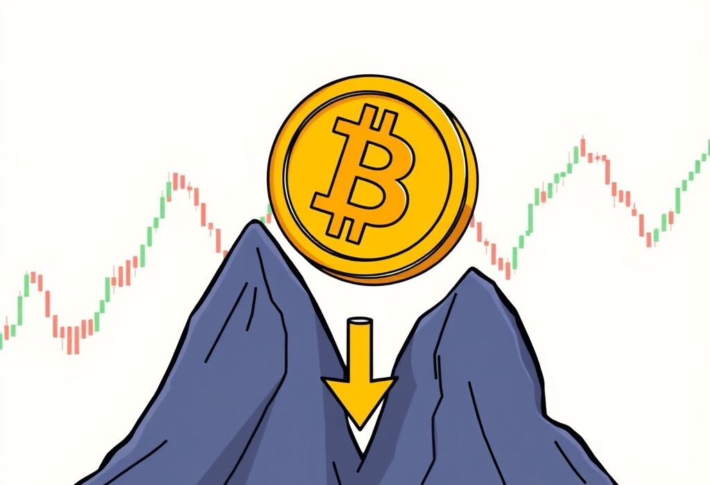 Illustration depicting a potential double-top pattern forming for Bitcoin price, signaling a possible market downtrend.