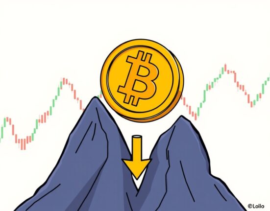 Illustration depicting a potential double-top pattern forming for Bitcoin price, signaling a possible market downtrend.