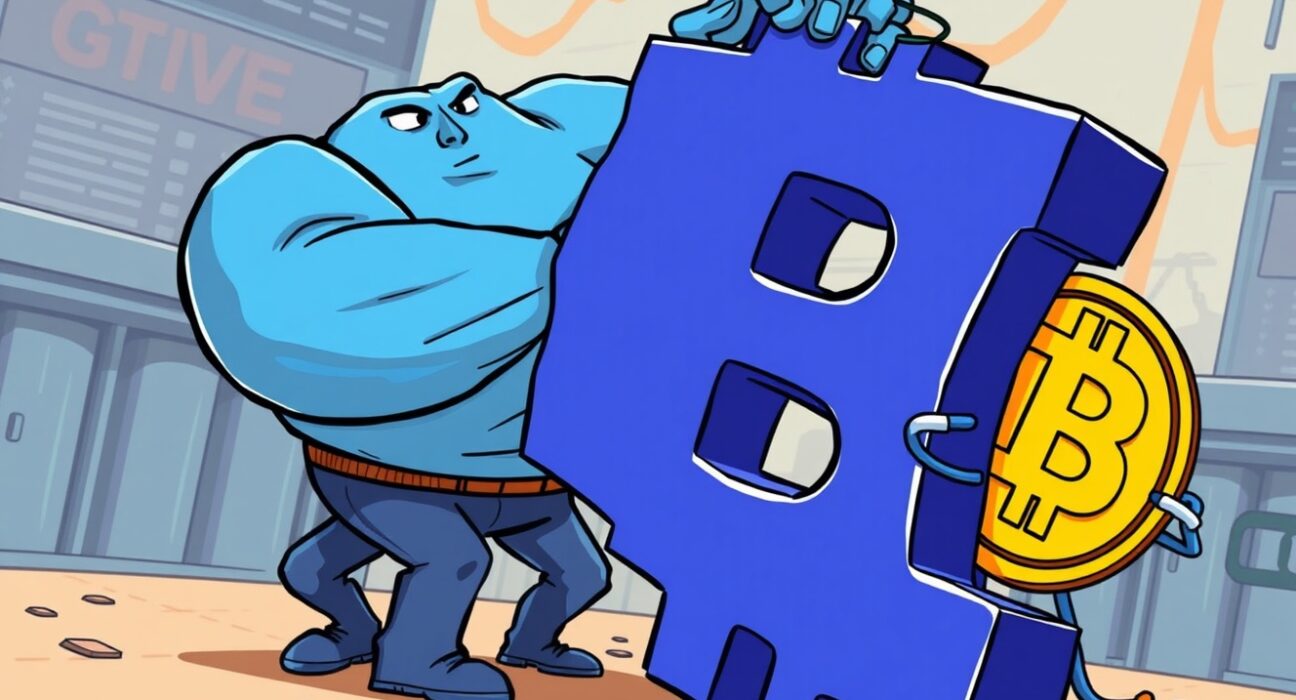 Cartoon showing a powerful centralized exchange pushing Bitcoin price up, while a smaller spot ETF follows, illustrating their impact on Bitcoin price.