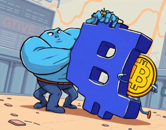 Cartoon showing a powerful centralized exchange pushing Bitcoin price up, while a smaller spot ETF follows, illustrating their impact on Bitcoin price.