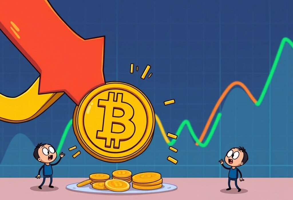 A cartoon illustration depicting a significant Bitcoin price drop, showing its impact on market sentiment.