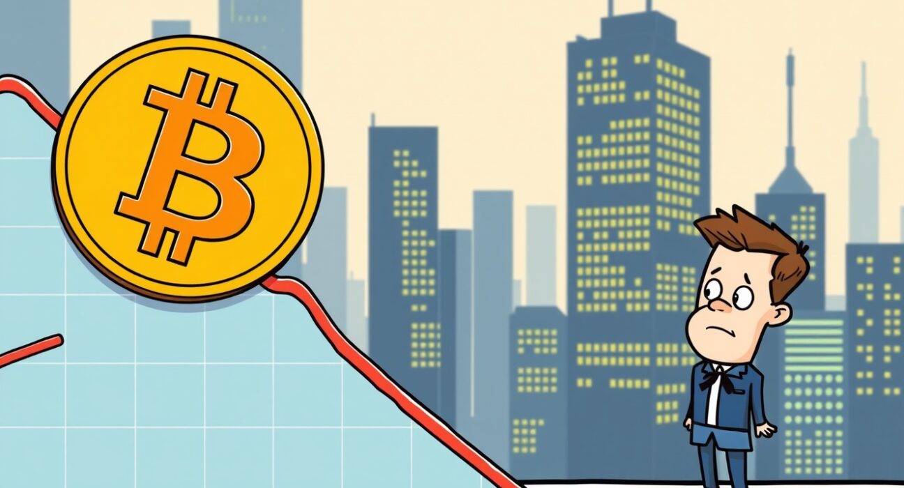 Cartoon showing a Bitcoin price drop below $115,000, illustrating market concern and investor sentiment.
