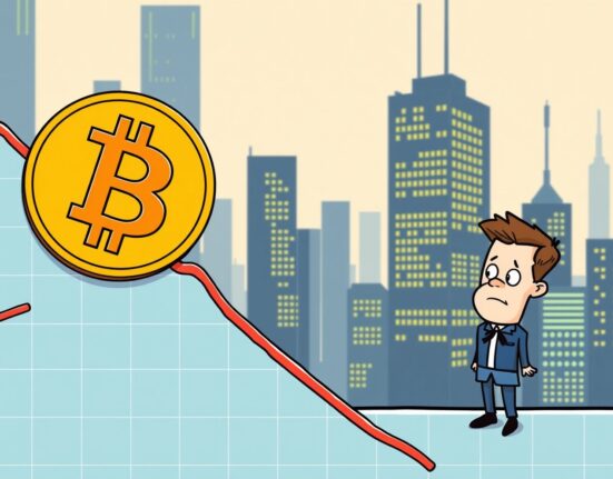 Cartoon showing a Bitcoin price drop below $115,000, illustrating market concern and investor sentiment.