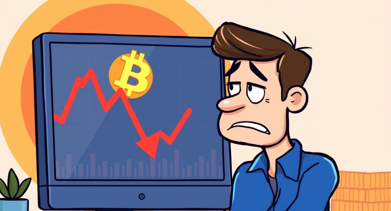 A cartoon illustration showing the impact of a significant Bitcoin price drop on an investor, highlighting market volatility.