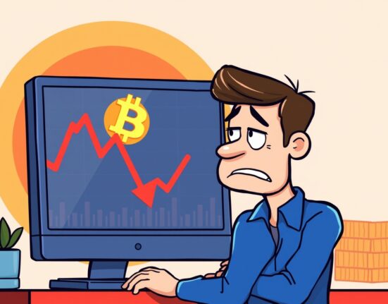 A cartoon illustration showing a Bitcoin coin experiencing a Bitcoin price drop below a significant market level, indicating market volatility.