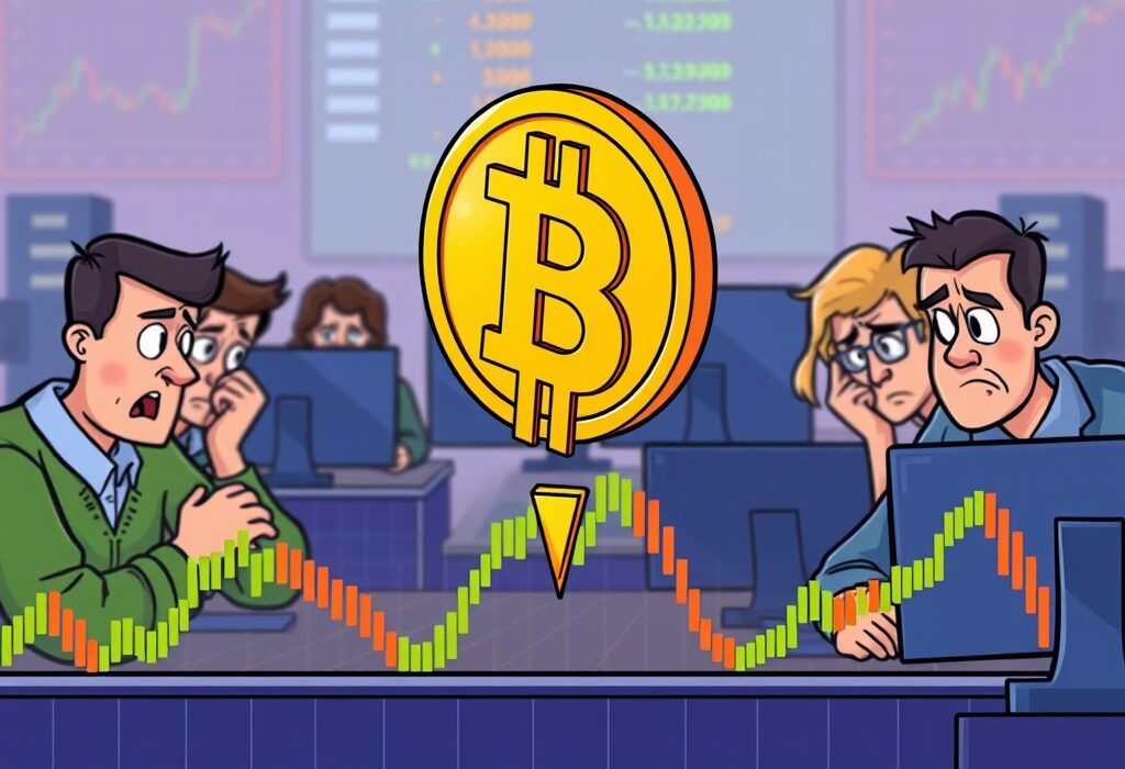 A cartoon illustration depicting a Bitcoin price drop, showing the BTC market experiencing significant volatility.