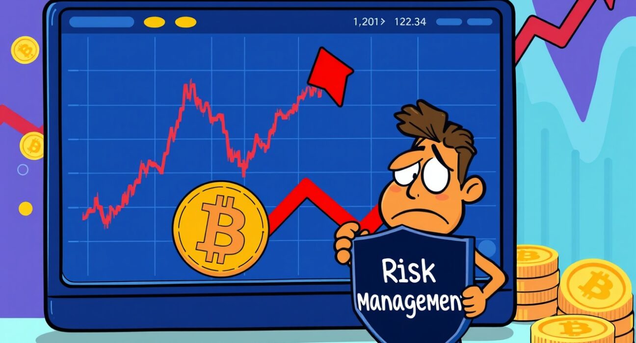 A cartoon investor analyzing a volatile Bitcoin price drop chart with a risk management shield.