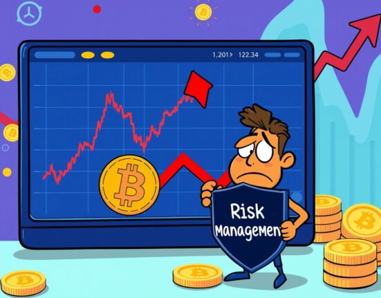 A cartoon investor analyzing a volatile Bitcoin price drop chart with a risk management shield.