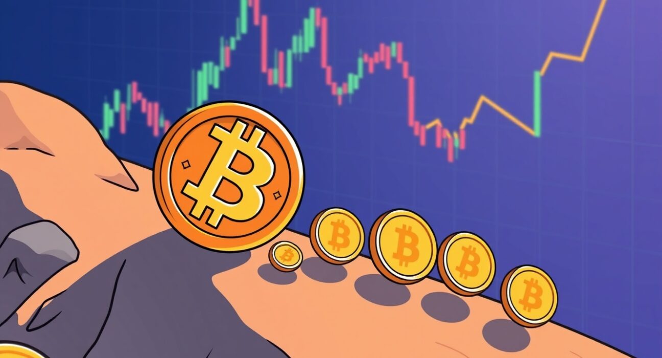 Cartoon showing a significant Bitcoin price drop, symbolizing market movement and investor reactions to BTC falling below $100,000.