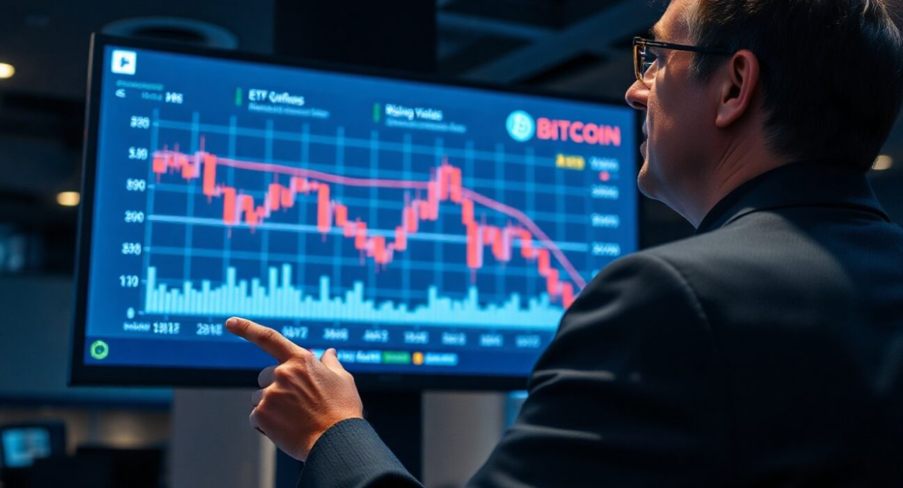 Financial analyst monitoring Bitcoin price chart showing decline amid ETF outflows and rising yields