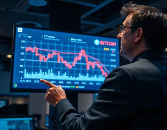 Financial analyst monitoring Bitcoin price chart showing decline amid ETF outflows and rising yields