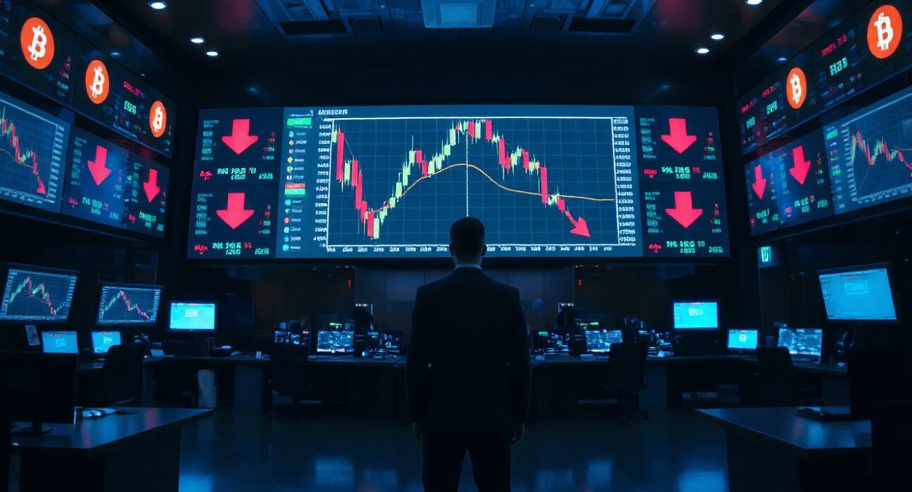 A dark trading floor with screens showing Bitcoin price decline after a massive ETF sale