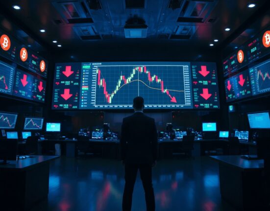 A dark trading floor with screens showing Bitcoin price decline after a massive ETF sale