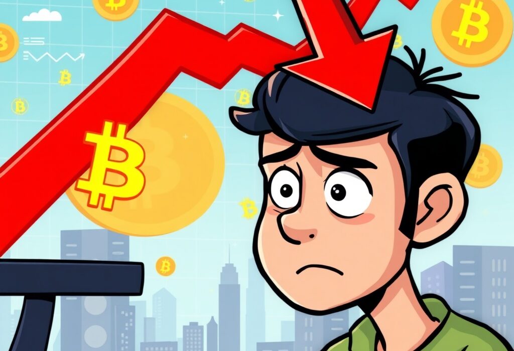 A cartoon illustration depicting the recent Bitcoin price drop, showing a downward trend on a chart, conveying market concern.