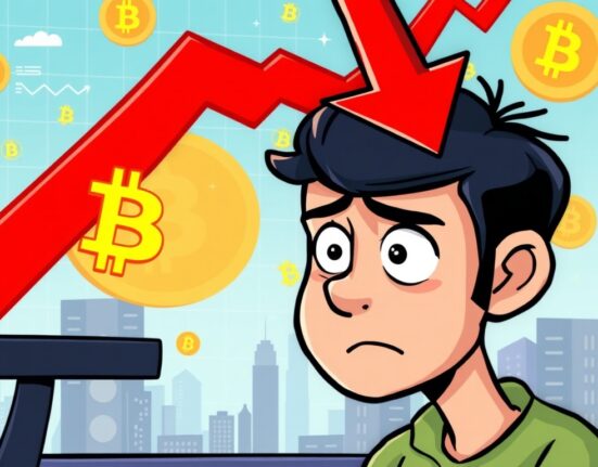 A cartoon illustration depicting the recent Bitcoin price drop, showing a downward trend on a chart, conveying market concern.