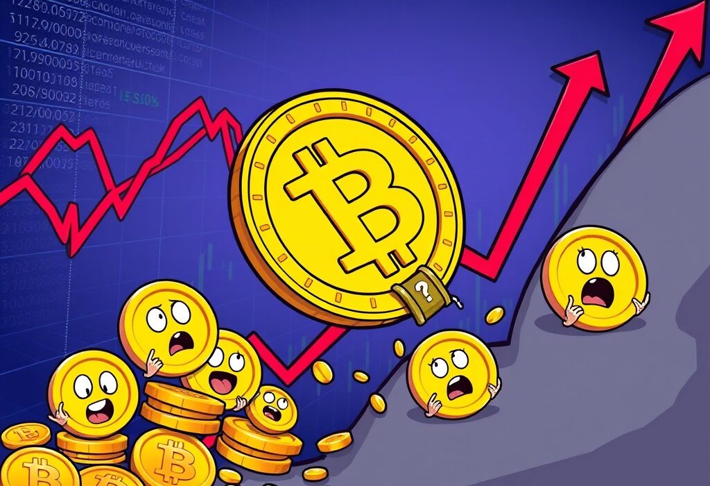 Cartoon illustration depicting an urgent Bitcoin price drop, symbolizing market concern and the BTC fall below $110,000.