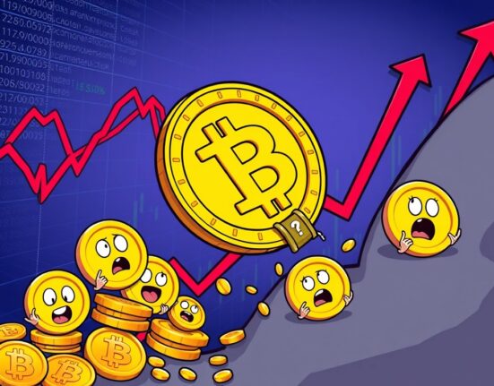 Cartoon illustration depicting an urgent Bitcoin price drop, symbolizing market concern and the BTC fall below $110,000.