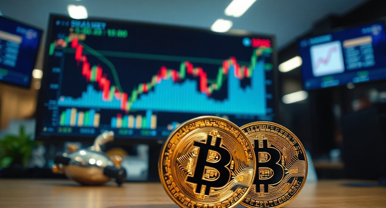 Bitcoin coin with a declining chart on a screen in the background