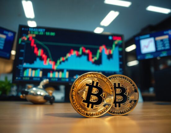 Bitcoin coin with a declining chart on a screen in the background