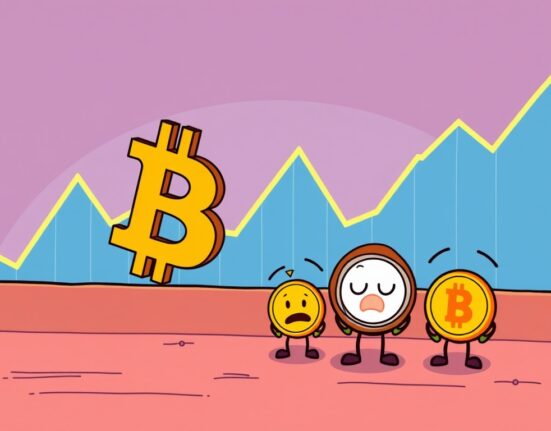 Cartoon showing a Bitcoin price drop, illustrating its impact on the broader cryptocurrency market dynamics.