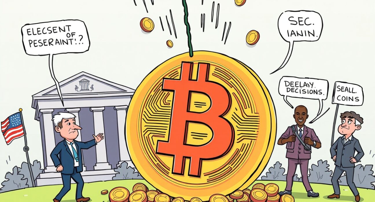 A cartoon illustration showing the various factors contributing to a recent Bitcoin price drop, including regulatory pressures and miner selling.