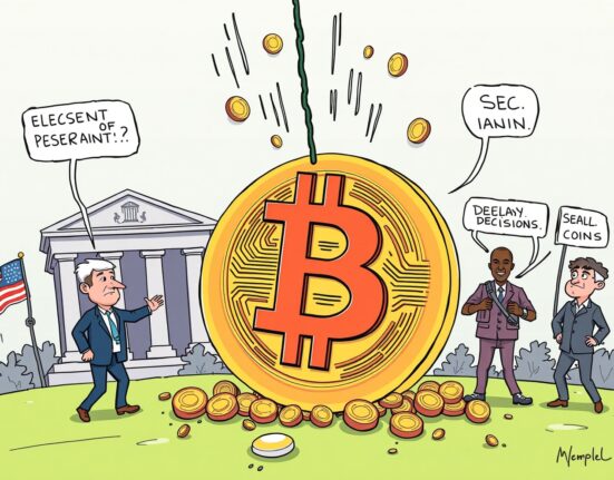 A cartoon illustration showing the various factors contributing to a recent Bitcoin price drop, including regulatory pressures and miner selling.