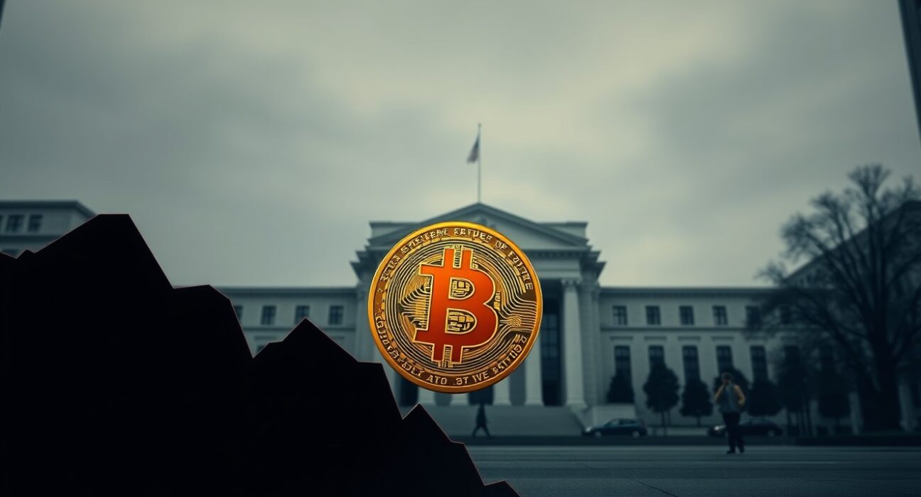 Bitcoin coin in front of Federal Reserve building during a price drop, representing the correlation between Fed Chair transitions and Bitcoin price drops.