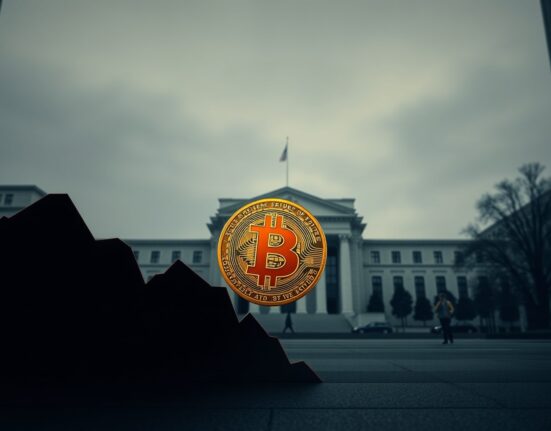 Bitcoin coin in front of Federal Reserve building during a price drop, representing the correlation between Fed Chair transitions and Bitcoin price drops.