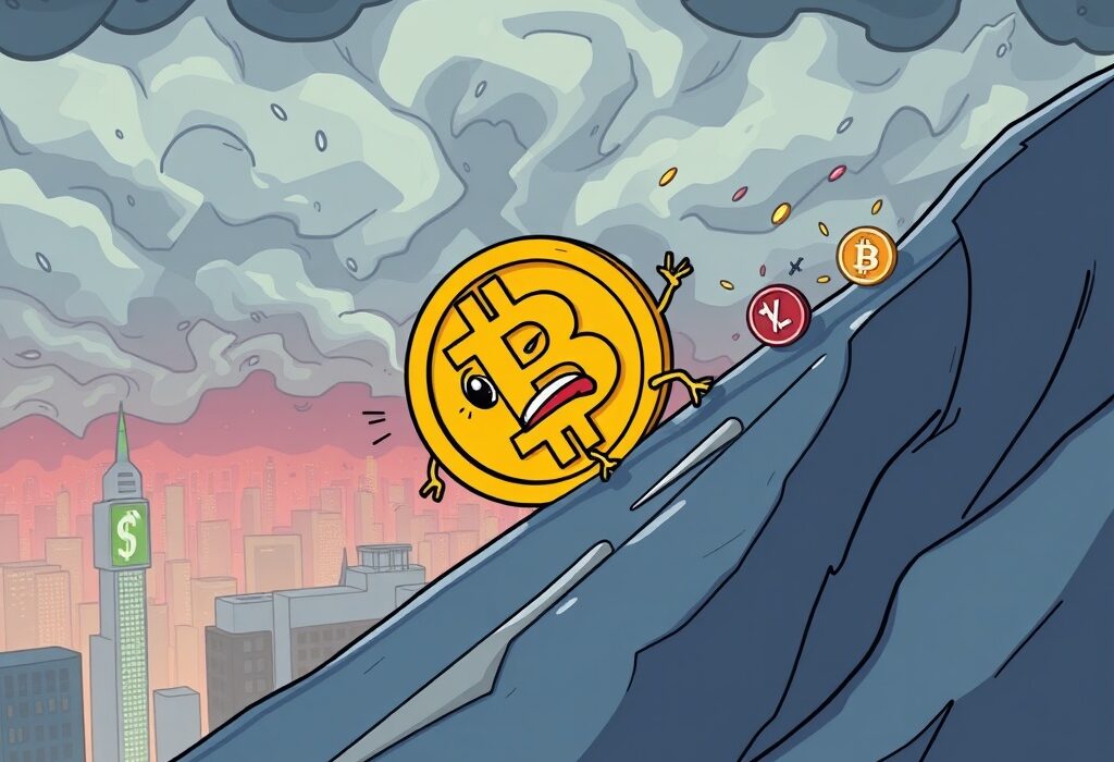 Cartoon illustration depicting a concerned Bitcoin character sliding down a slope, symbolizing the recent Bitcoin price drop and market volatility.